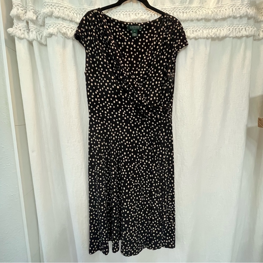 Ralph Lauren 12 Faux Wrap Dot Dress Black and Tan